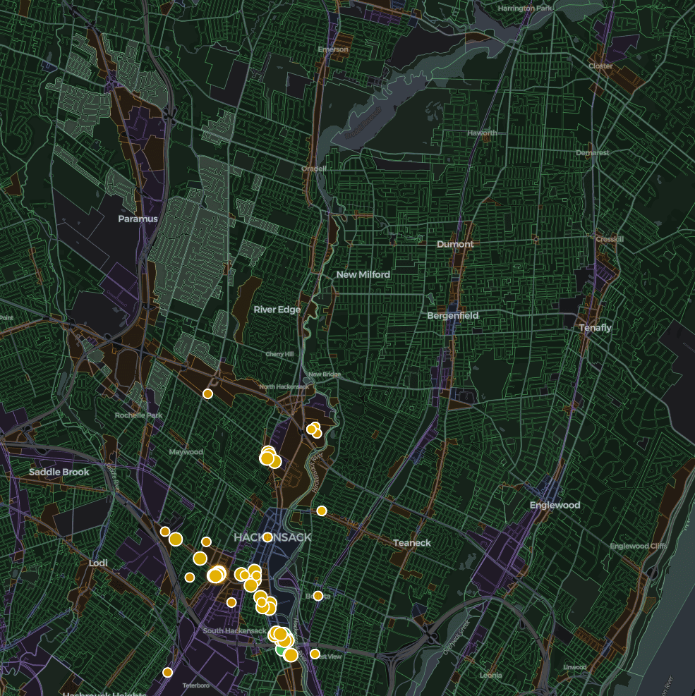 Map of Bergen County, NJ showing zoning overlays and competitor business locations across Hackensack and surrounding municipalities